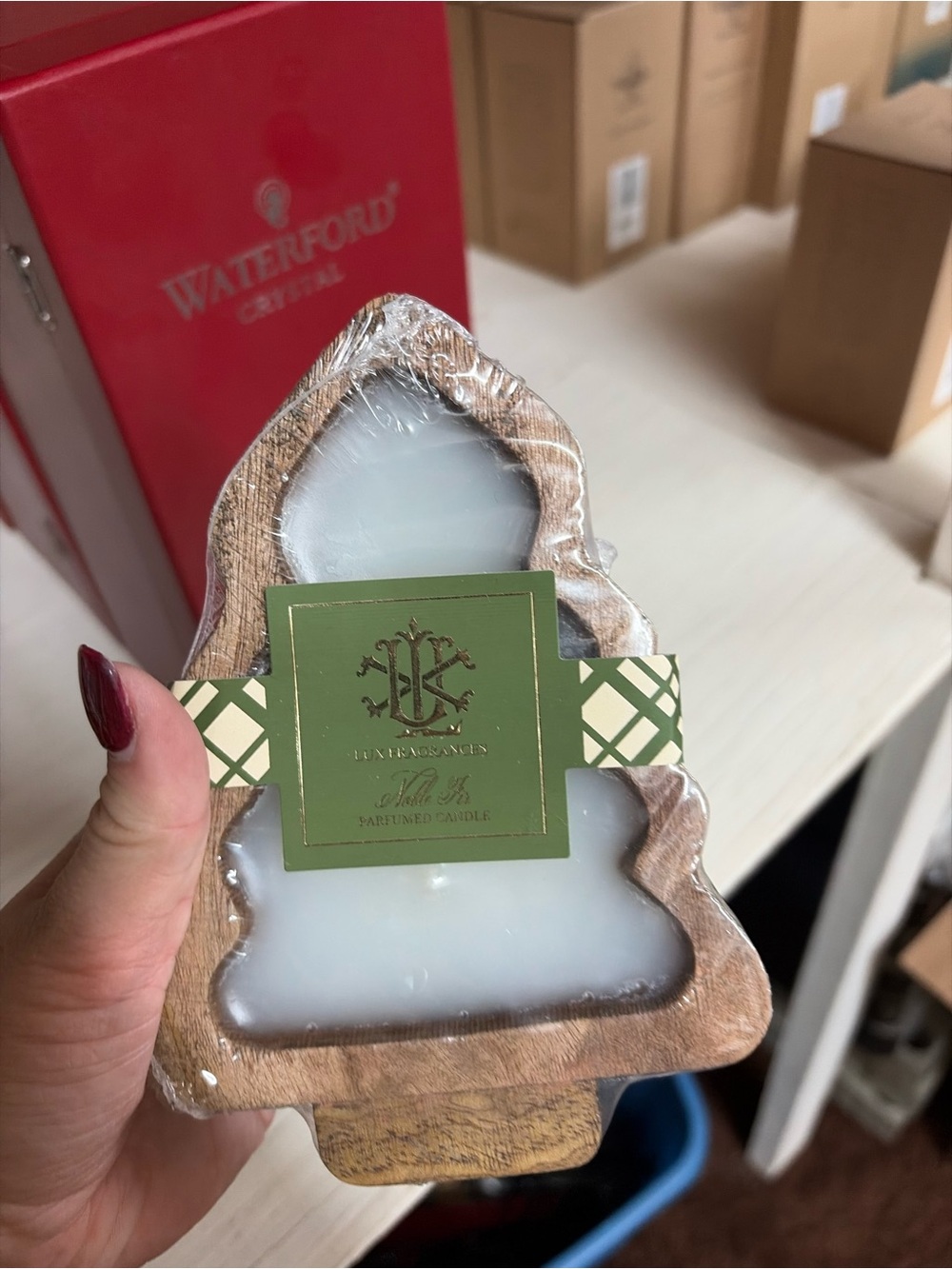 White Tree-Shaped Scented Candle with Green Label